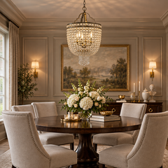 Ethan Allen Basket Chandelier in Silvertone Structure w/ Linked Crystal Coins, Sku 034013