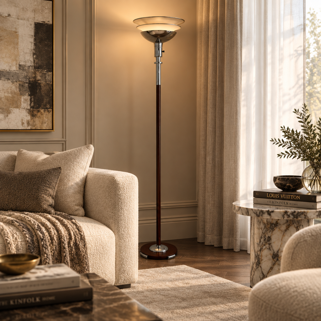 Gilbert Rode MCM Chrome/Cocoa Brown Art Deco Machine Age Torchiere, Mutual Sunset Lamp Co 1934, Sku 034028