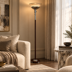 Gilbert Rode MCM Chrome/Cocoa Brown Art Deco Machine Age Torchiere, Mutual Sunset Lamp Co 1934, Sku 034028