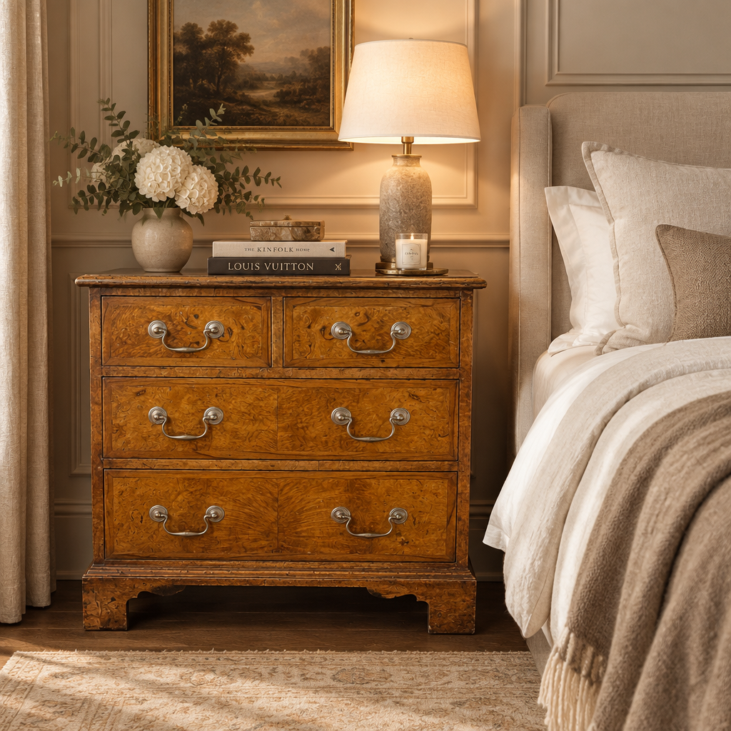 Antique Chest of Drawers w/ Burled Wood & Brass Hardware, Sku 034012