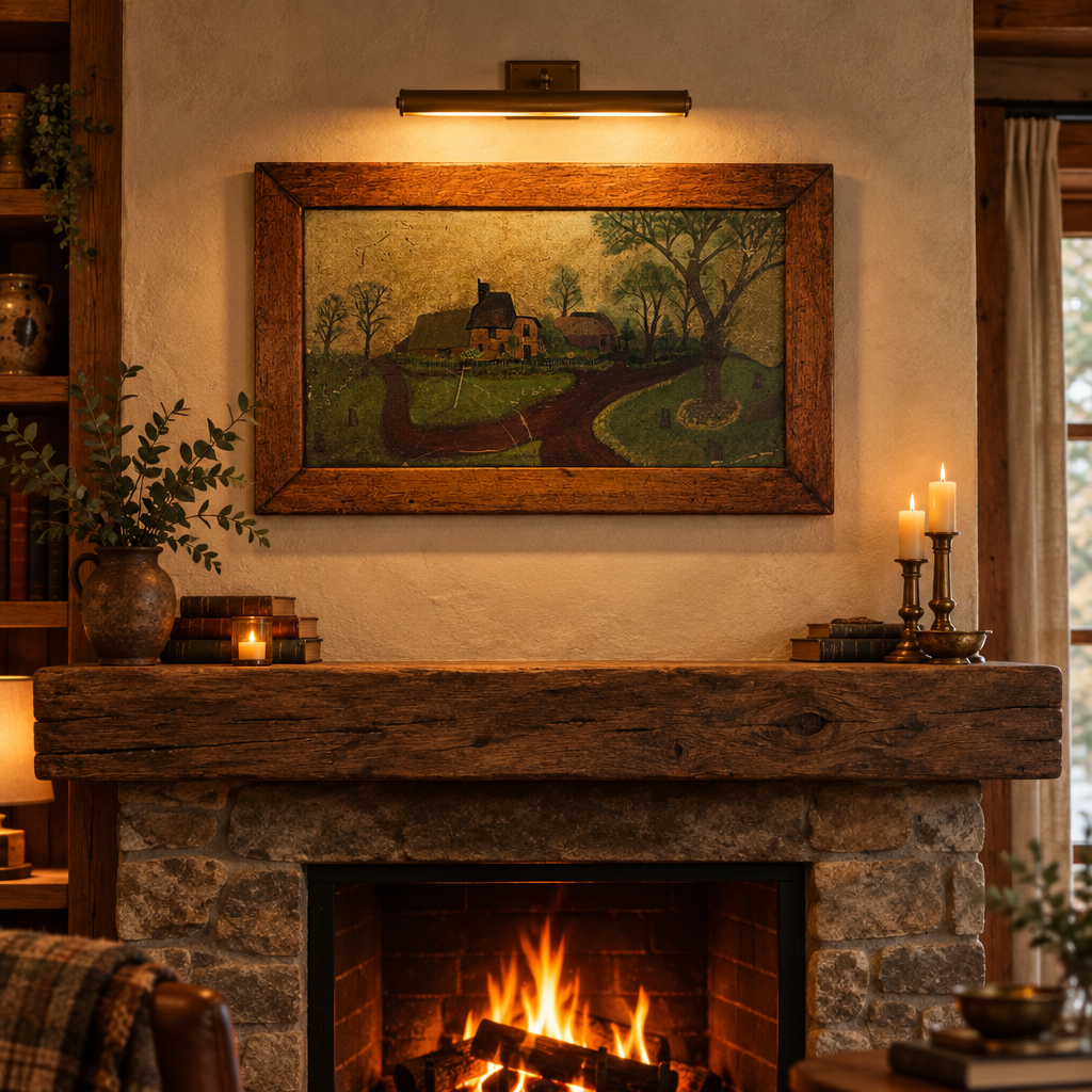 Framed Primitive Landscape Oil Painting on Glass, Sku 034035