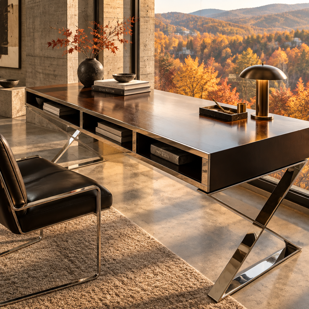 Desk, Chrome Base Wood Top Console Table or Desk Sku 032763