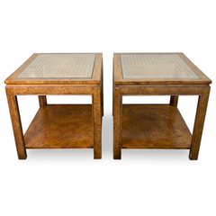 Pair of Fine Arts Furniture Co. Burled Wood Cane Side Tables, Glass Top, Lower Shelf, Sku 034070