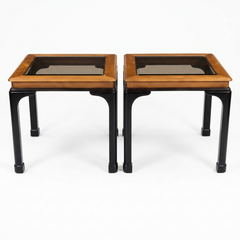 Pair of Square Side Tables, Two-Tone Wood, Smoked Beveled Glass Top, Sku 034072
