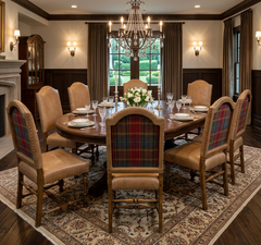 Slifer Tan Leather Dining Chairs, Plaid Back, Set of Eight, Sku: 23844