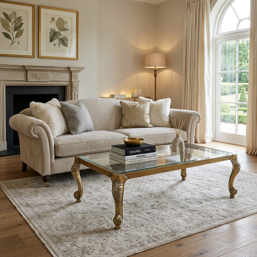 Coffee Table, Brass Base, Rectangle, Cabriole Style Legs, Glass Insert Surface, Sku 034068